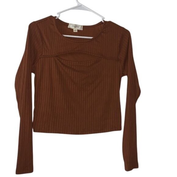 Cutout Front Ribbed Long Sleeve Top Brown No Comment L Polyester/Spandex Womens - Picture 2 of 8